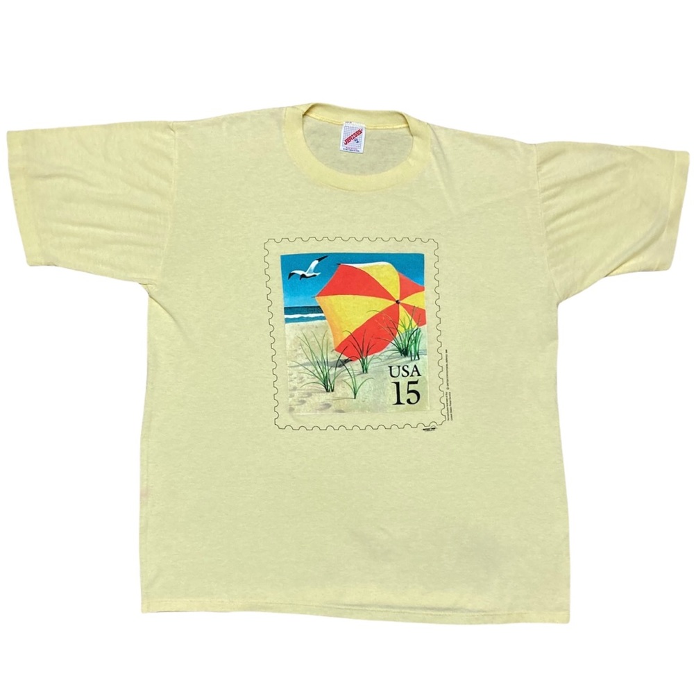 Vintage United States Postal Service Stamp Shirt Jerzees Beach Scene